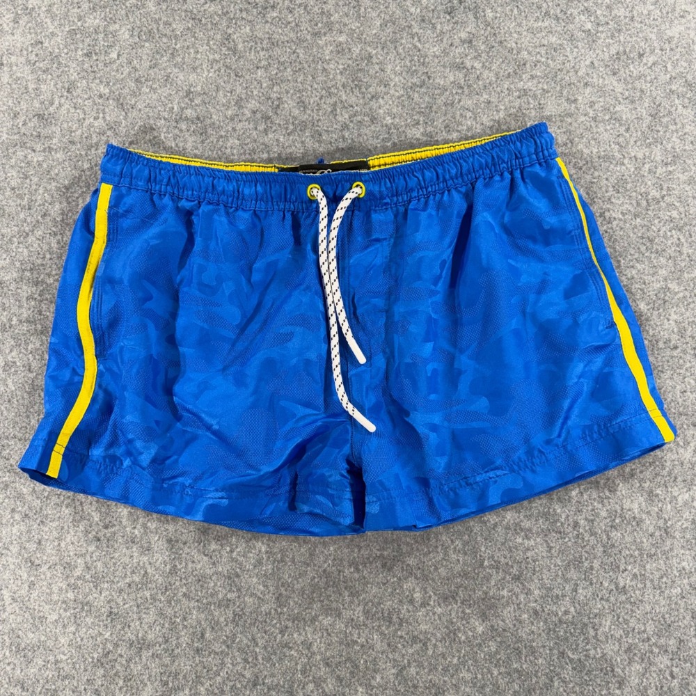 AussieBum Mens Blue Camo Swim Trunks Yellow Stripe Mesh Lined Shorts Size L